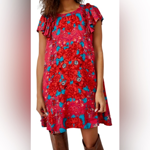 🔖 FREE PEOPLE
Yara Printed Flutter-Sleeve Floral Minidress Pink Red OB1705306 - Picture 4 of 10